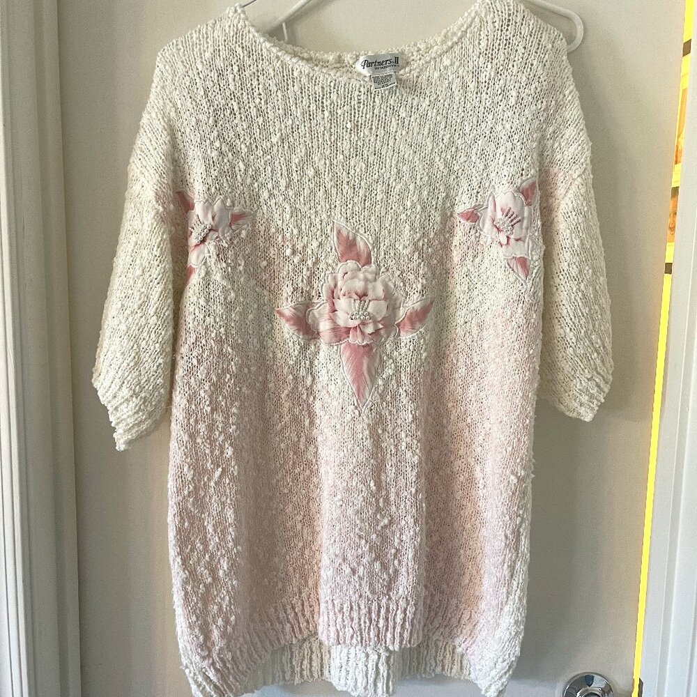 Partners by Mervyns Short Sleeve Knit Floral Pearl Accent Sweater Size 2X